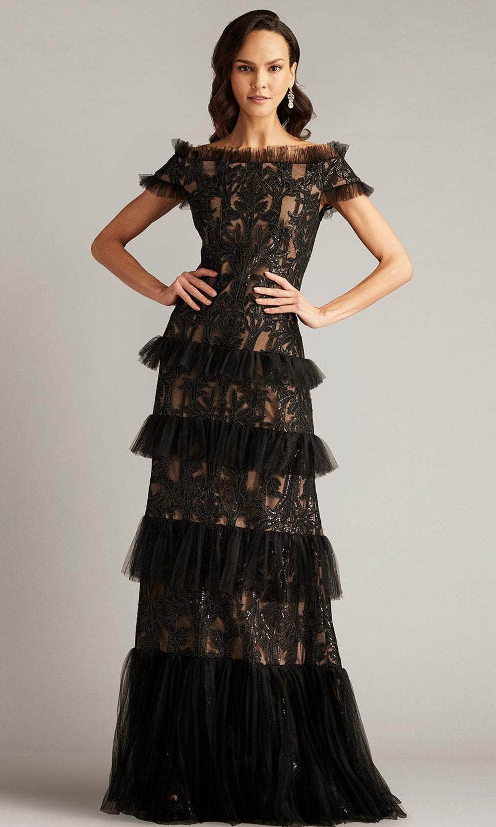 Tadashi Shoji CGX24921L - Long Embroidered Tulle Trumpet Dress - Shirred Details, Embroidered Appliques, Beaded, Paneled Skirt, Sweep Train ADASA Tadashi Shoji CGX24921L - Long Embroidered Tulle Trumpet Dress - Shirred Details, Embroidered Appliques, Beaded, Paneled Skirt, Sweep Train ADASA