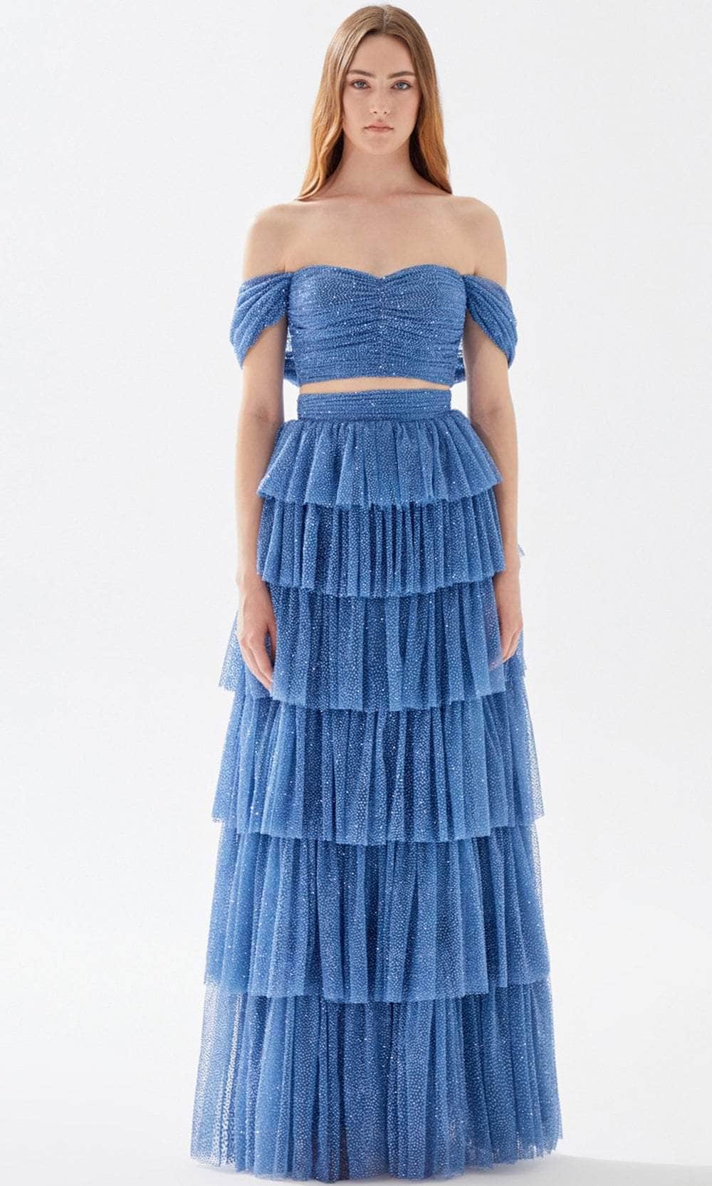 Tarik Ediz 52042 - Two Piece Tiered Off Shoulder Dress Prom Dresses 00 / Bijou Blue