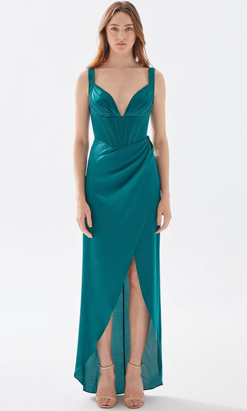 Tarik Ediz 52052 - Pleated Deep V-Neck Prom Gown Prom Dresses