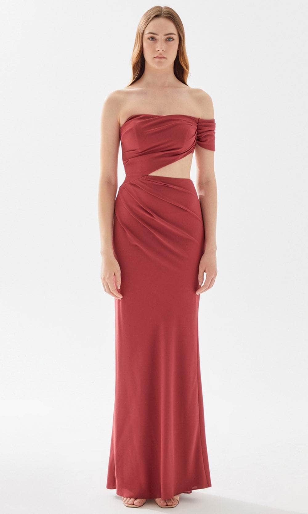 Tarik Ediz 52083 - Cutout Midriff Sheath Prom Dress Prom Dresses 00 / Earth Red