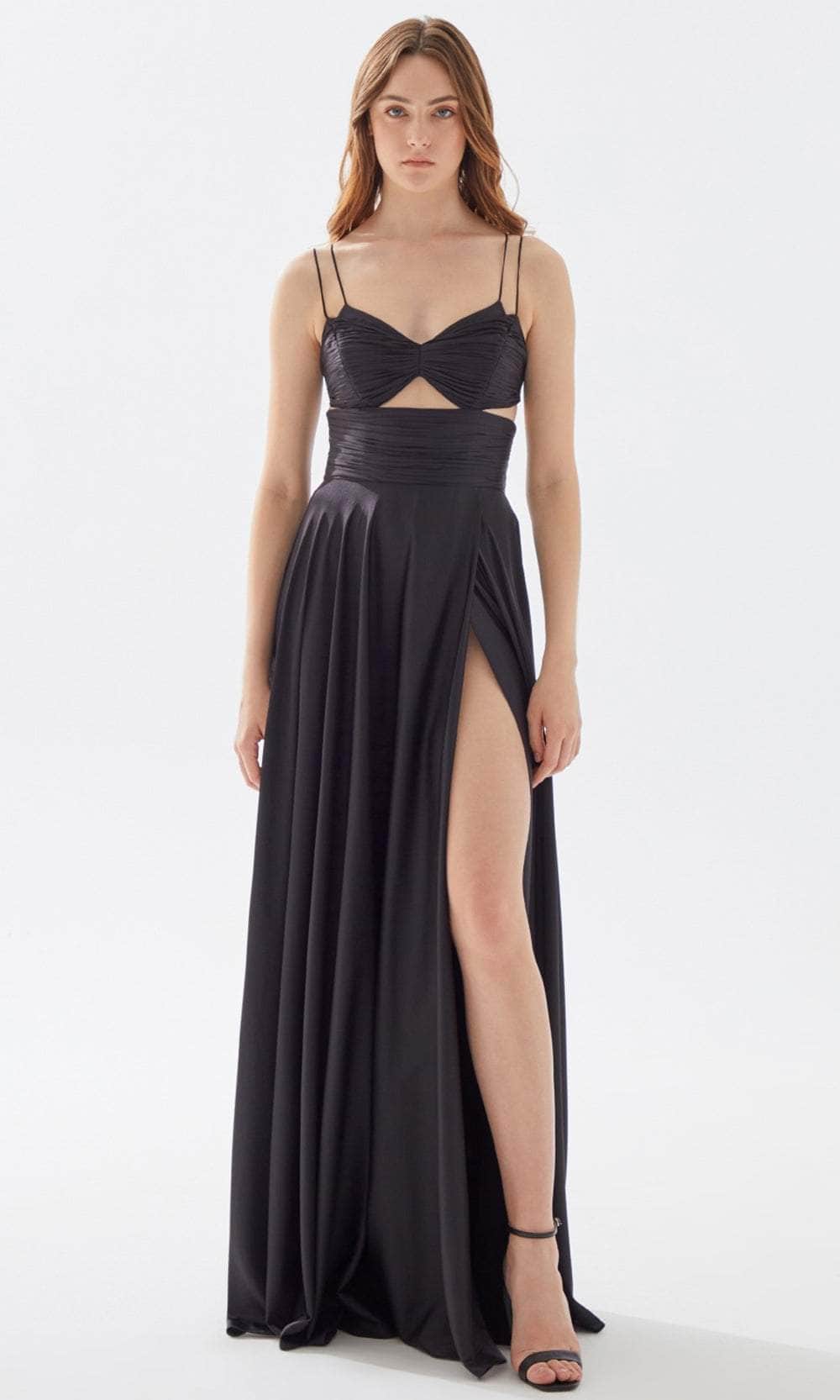 Tarik Ediz 52109 - Long Satin A-Line Dress - Spaghetti Straps, Ruching, Cutout, High Slit, Lace Up Bandeau, Sweep Train ADASA Tarik Ediz 52109 - Long Satin A-Line Dress - Spaghetti Straps, Ruching, Cutout, High Slit, Lace Up Bandeau, Sweep Train ADASA