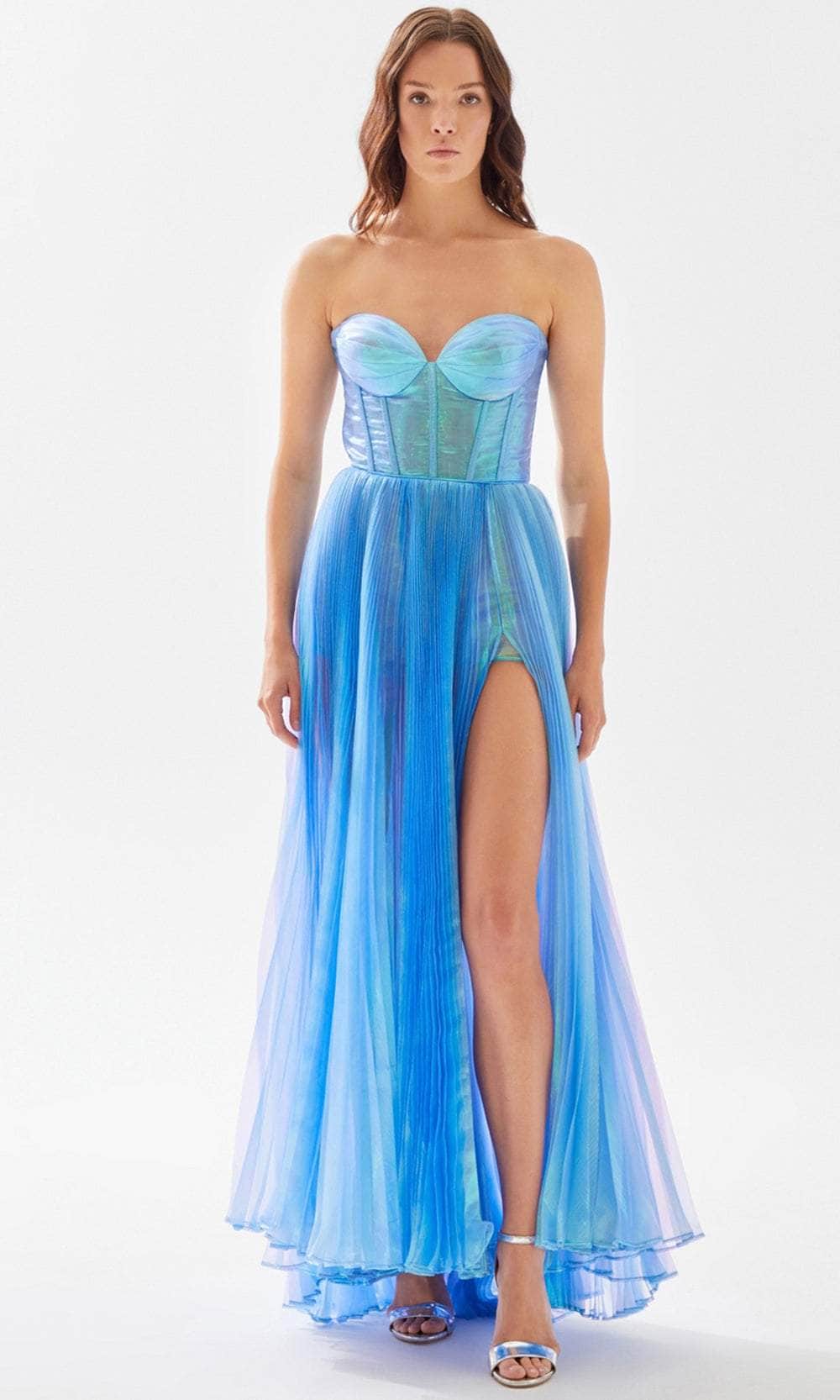 Tarik Ediz 52123 - Long Organza A-Line Dress - Sheer Skirt, Strapless, Iridescent Bodice, Sweetheart Neckline, Exposed Boning Details, Back Zipper Closure, Thigh-High Slit, Shorts, Full-Length ADASA Tarik Ediz 52123 - Long Organza A-Line Dress - Sheer Skirt, Strapless, Iridescent Bodice, Sweetheart Neckline, Exposed Boning Details, Back Zipper Closure, Thigh-High Slit, Shorts, Full-Length ADASA