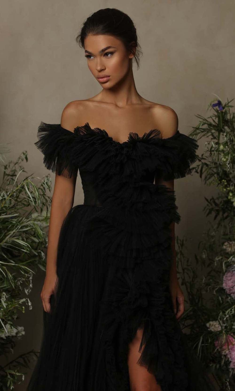 Tarik Ediz - 98055 Tulle Ruffled A-Line Slit Gown Evening Dresses