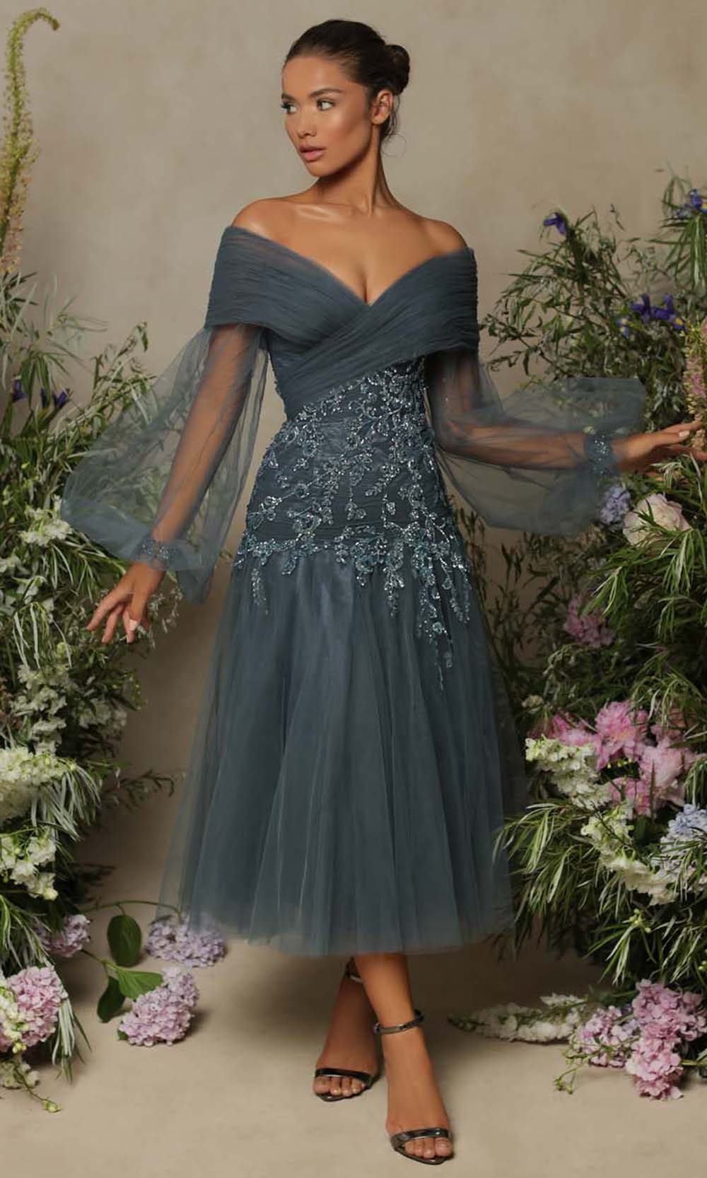 Tarik Ediz 98073 - Tea-Length Tulle A-Line Dress - Ruched, Tulle, Off  Shoulders, Embellished, V Back, Back Zipper, Midi Dress  ADASA
