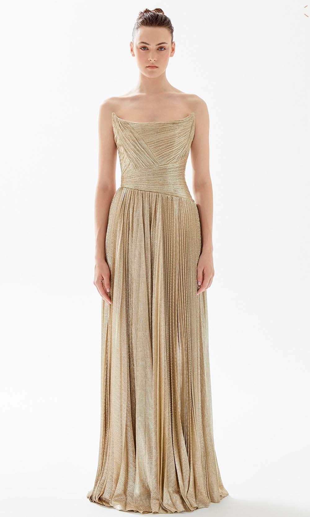 Tarik Ediz 98200 - Pleated Bateau Evening Dress Prom Dresses 00 / Gold