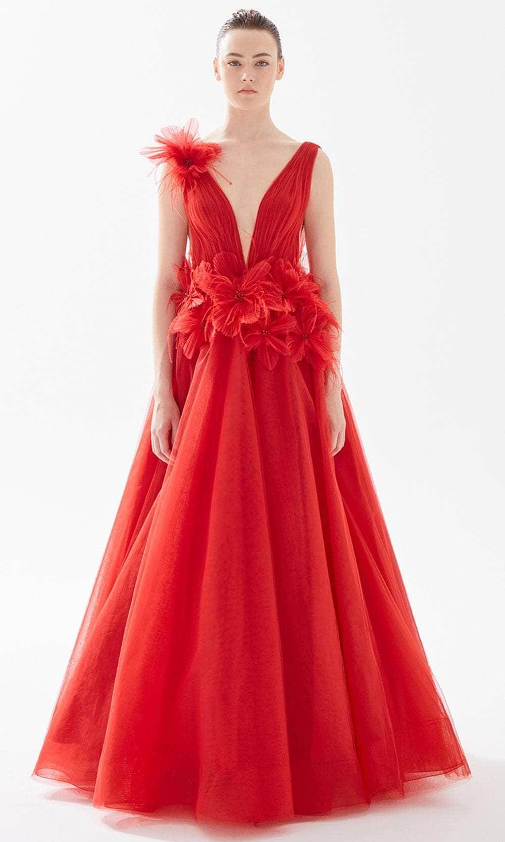 Tarik Ediz 98240 - Plunging V-Neck Appliqued Evening Gown Evening Dresses 00 / Red