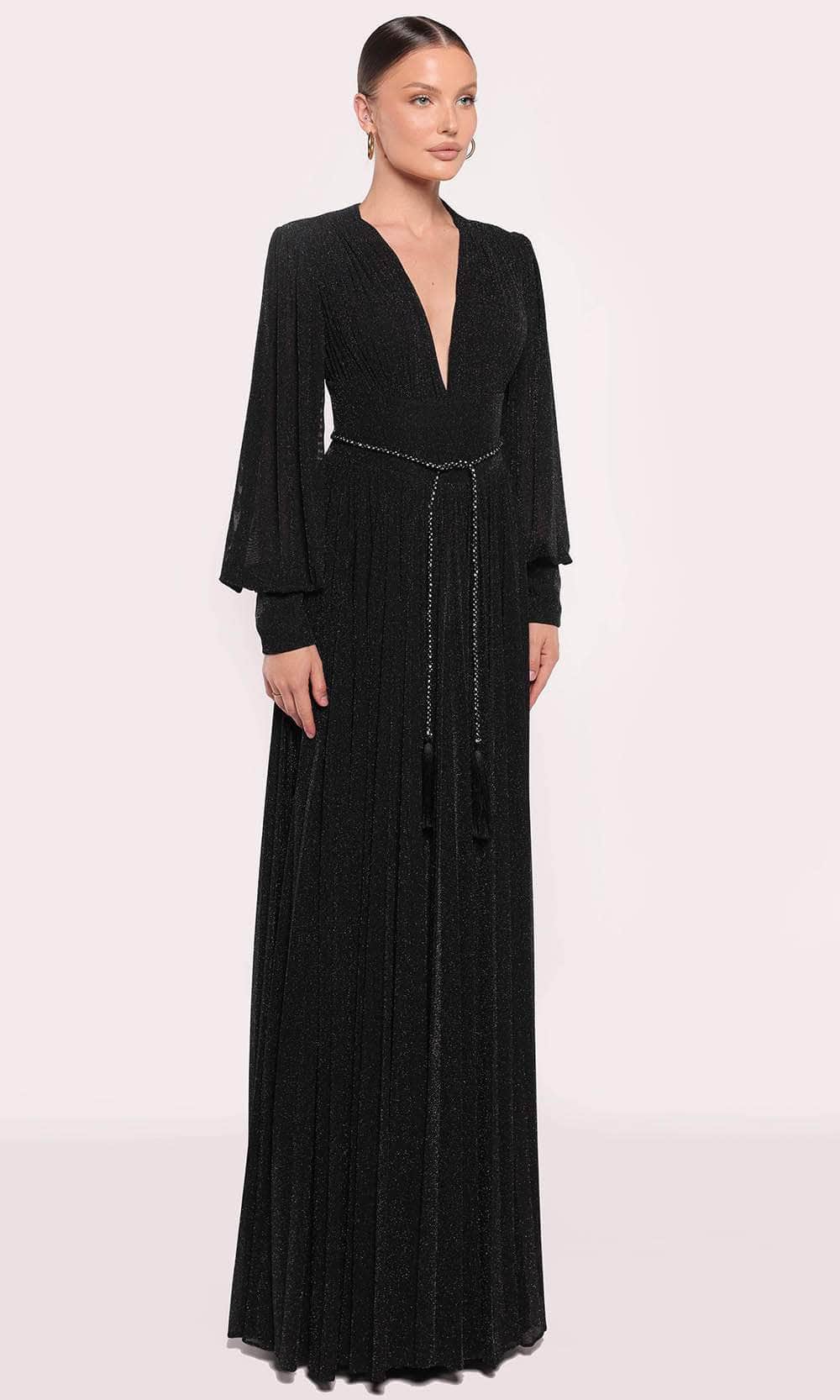 Tarik Ediz 98875 - Long Jersey A-Line Dress - Cuffed Bell Sleeves, Shirred Bodice, Glitter Silhouette, Full Back, Sash Tie Strap, Floor Length Hem ADASA Tarik Ediz 98875 - Long Jersey A-Line Dress - Cuffed Bell Sleeves, Shirred Bodice, Glitter Silhouette, Full Back, Sash Tie Strap, Floor Length Hem ADASA
