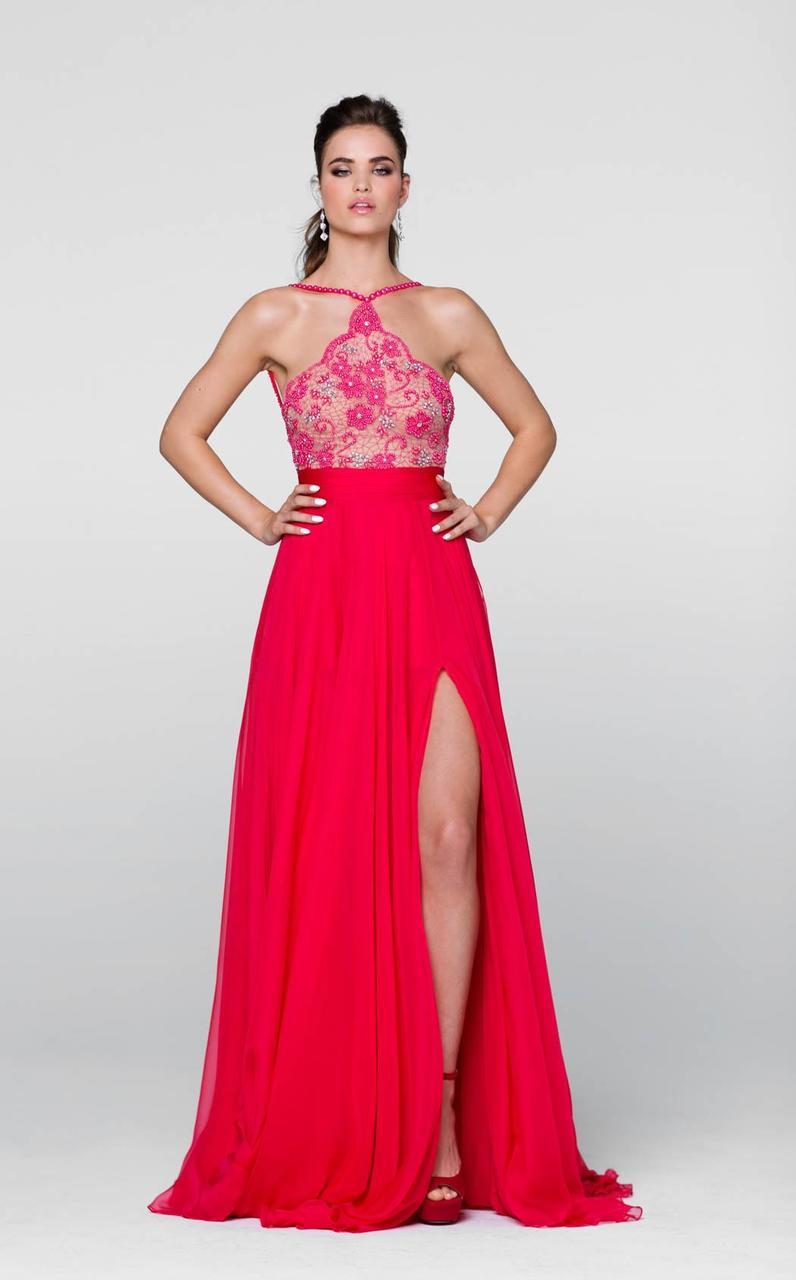 Tarik Ediz 50088 - Long Silky Touch Chiffon Fabric A-Line Dress - Jewel  Embellished, Pearl Accented Neck, Silky Touch Chiffon Fabric, Scalloped Top,  Side Slit, Sweep Train, Open Back, Floor Length Skirt,