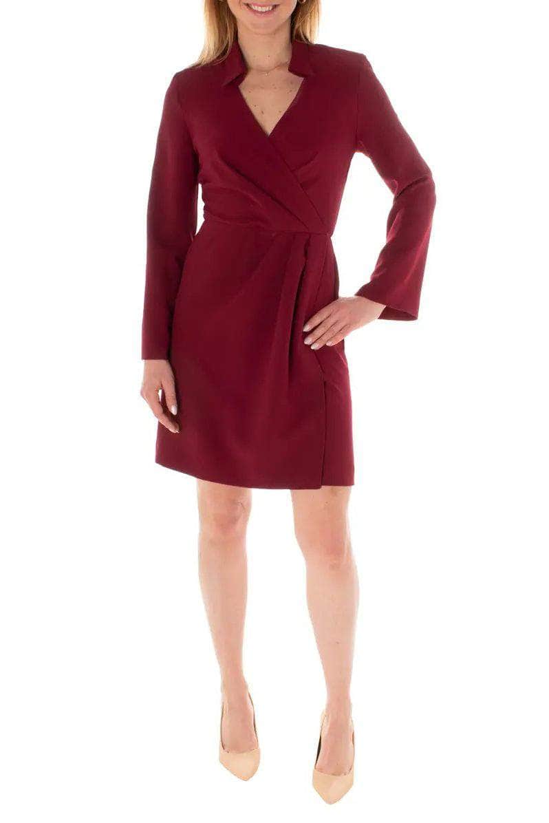 Taylor 3471M - Short Stretch Crepe A-Line Dress - Collared, Long Sleeves, Faux Wrap Bodice, Full Back, Short Hem ADASA Taylor 3471M - Short Stretch Crepe A-Line Dress - Collared, Long Sleeves, Faux Wrap Bodice, Full Back, Short Hem ADASA