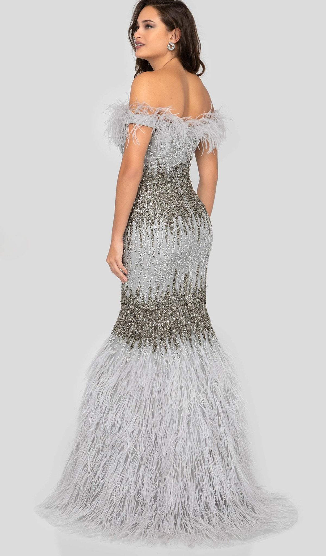 Terani Couture - 1911GL9512 Feather-Fringed Bejeweled Mermaid Gown Mother of the Bride Dresses
