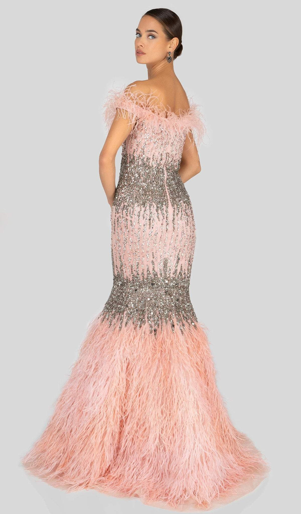 Terani Couture - 1911GL9512 Feather-Fringed Bejeweled Mermaid Gown Mother of the Bride Dresses