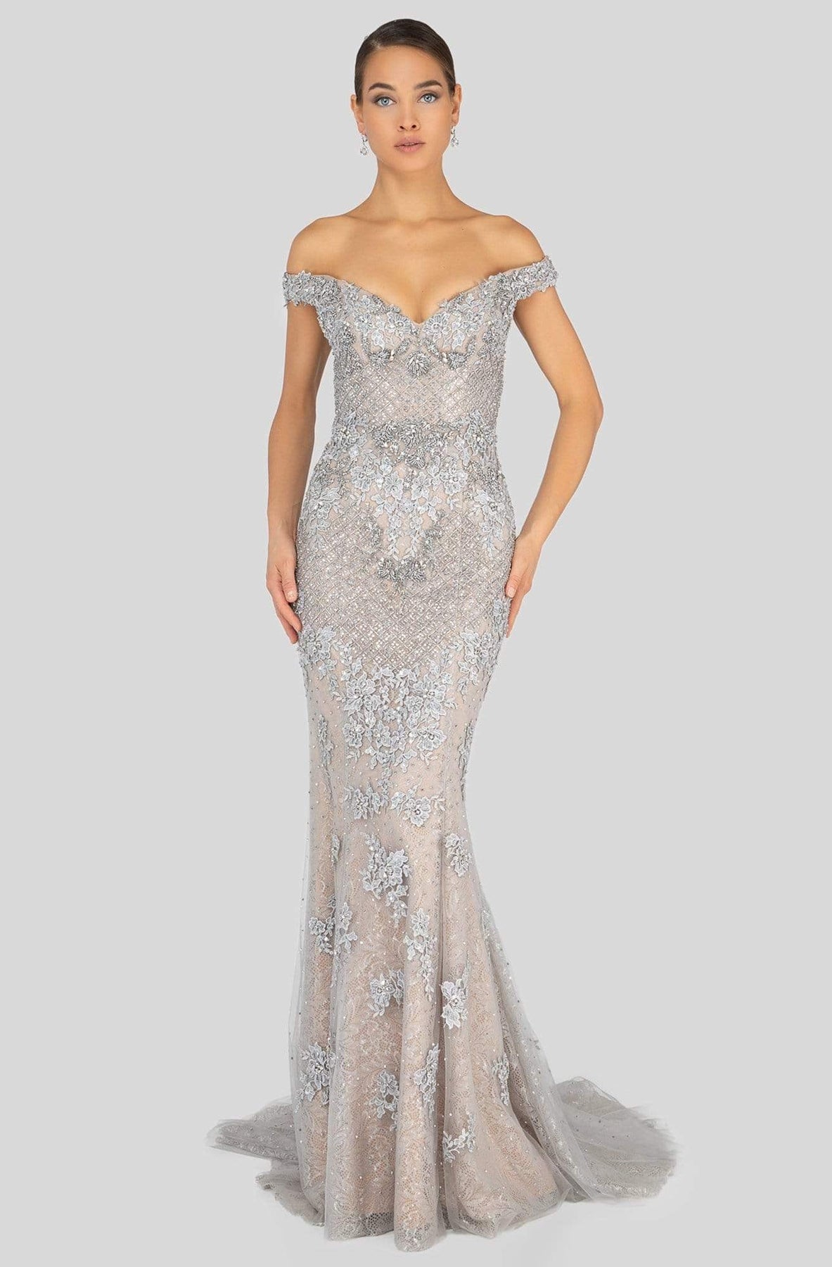 Terani Couture - 1913GL9586 Embellished Off-Shoulder Trumpet Dress Special Occasion Dress 0 / Sandstone Silver