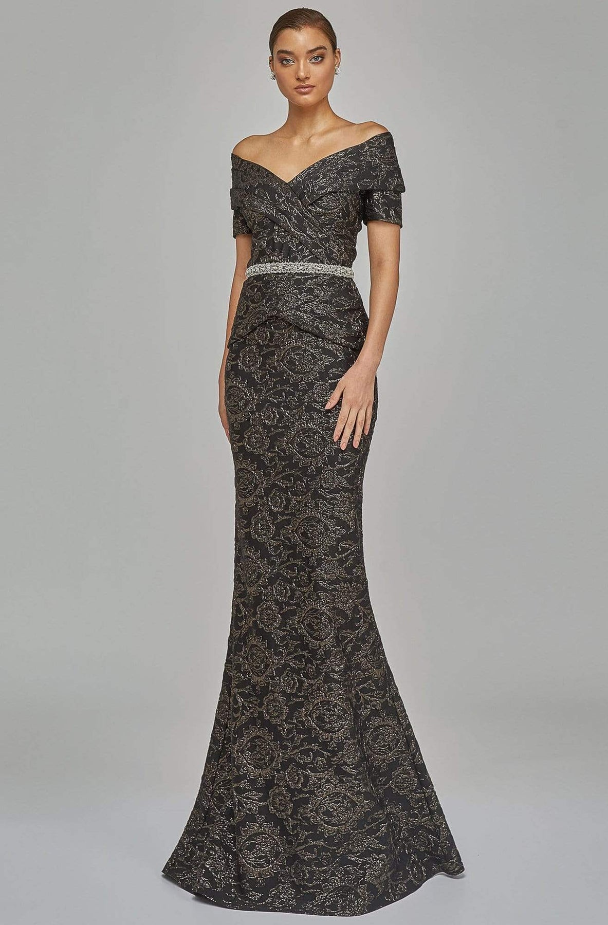 Terani Couture - 1921M0727 Off Shoulder V Neck Beaded Belt Sheath Gown Mother of the Bride Dresses 0 / Bronze
