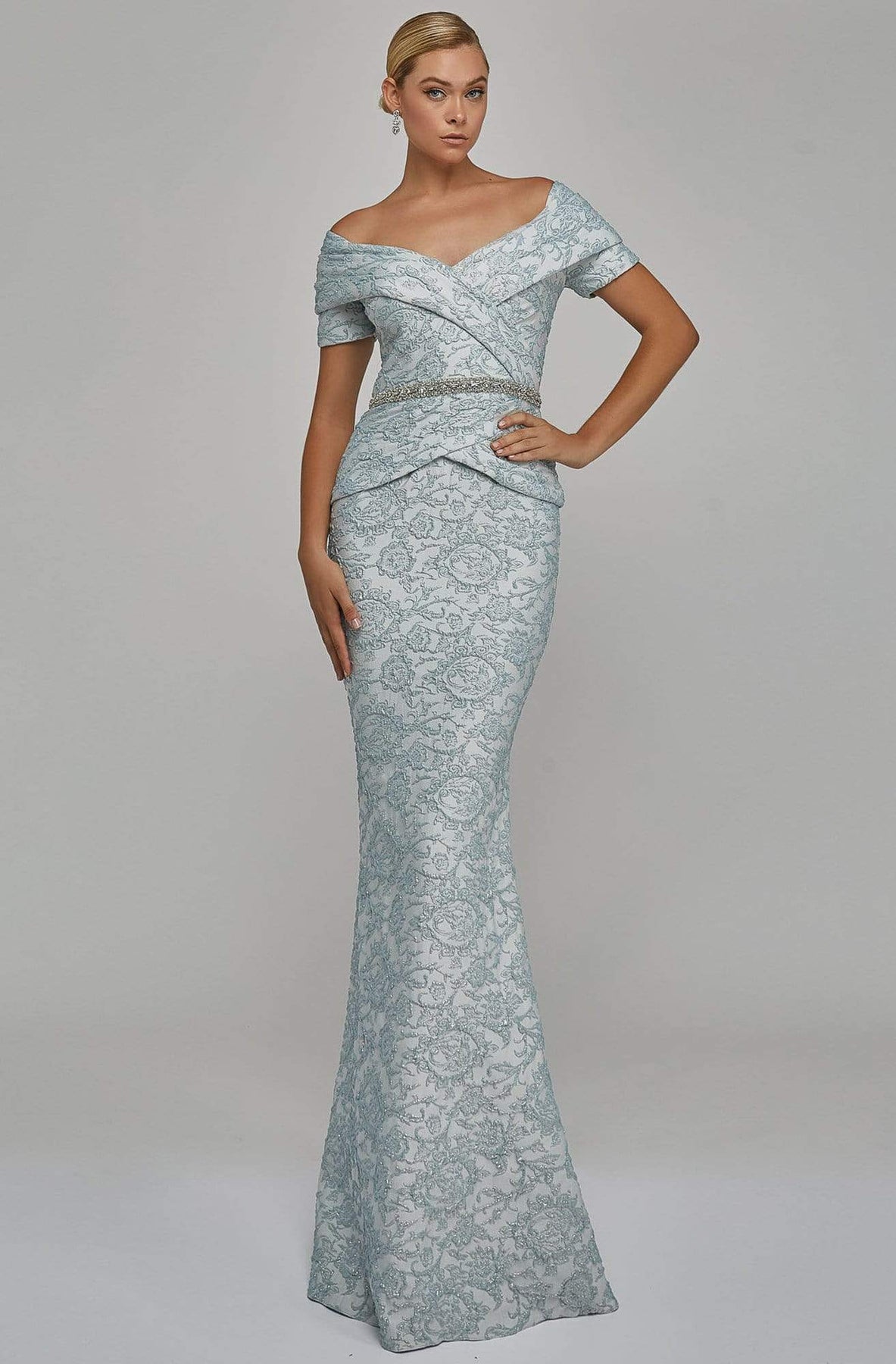 Terani Couture - 1921M0727 Off Shoulder V Neck Beaded Belt Sheath Gown Mother of the Bride Dresses 0 / Powder Blue