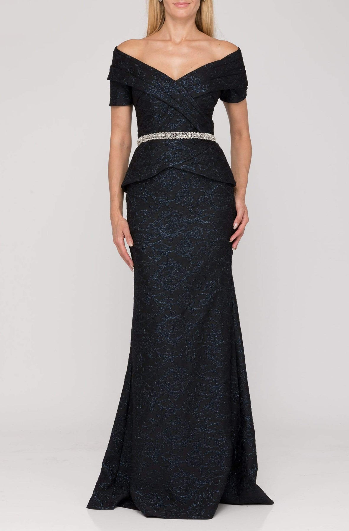 Terani Couture - 1921M0727 Off Shoulder V Neck Beaded Belt Sheath Gown Mother of the Bride Dresses