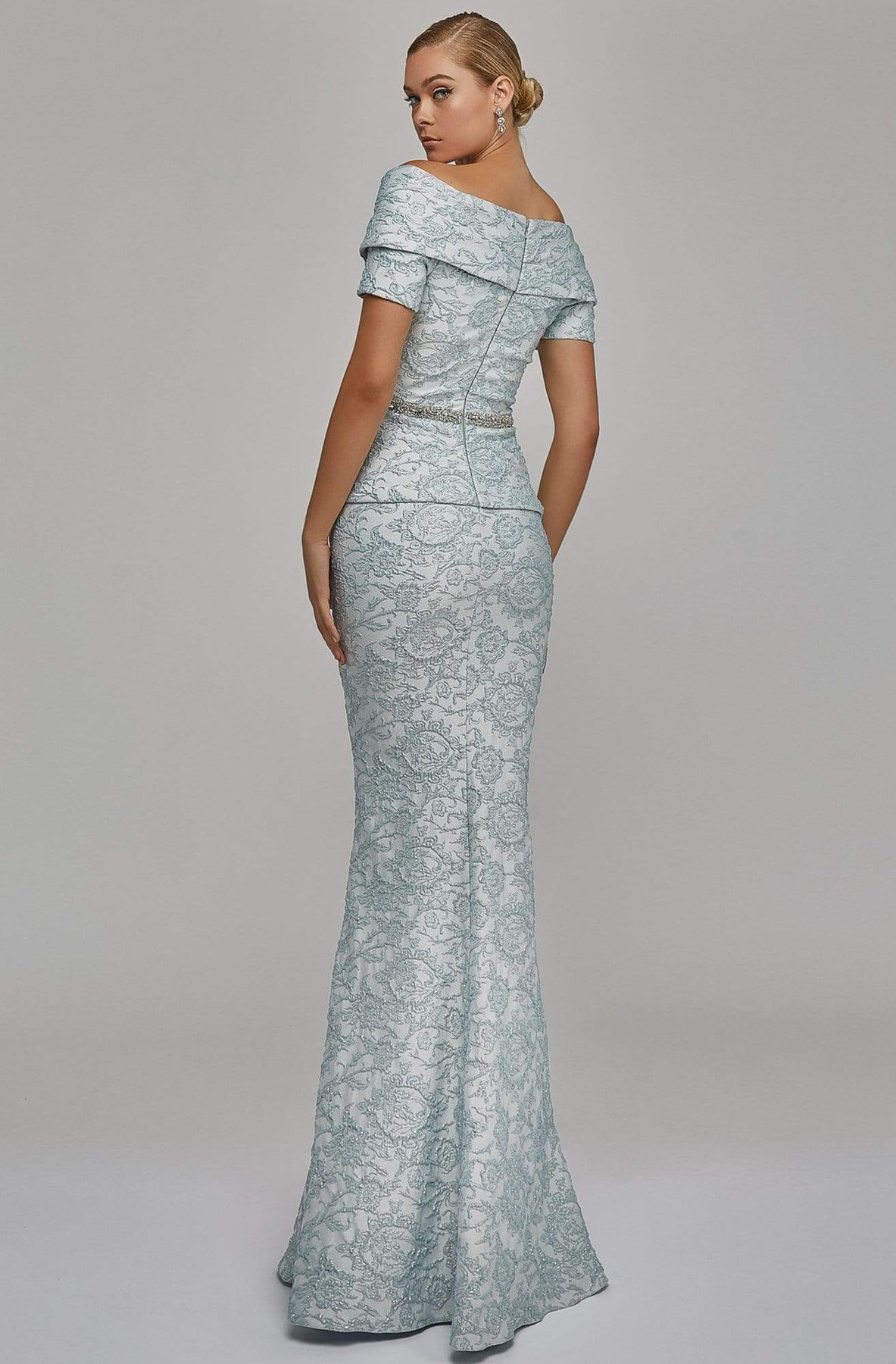 Terani Couture - 1921M0727 Off Shoulder V Neck Beaded Belt Sheath Gown Mother of the Bride Dresses
