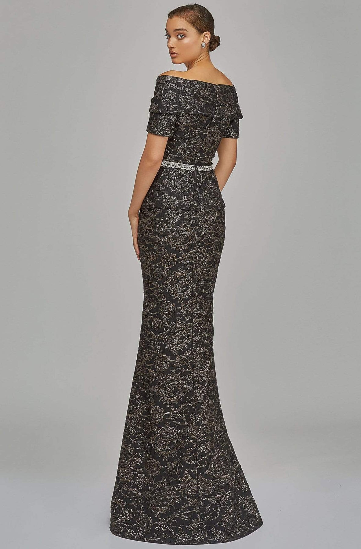 Terani Couture - 1921M0727 Off Shoulder V Neck Beaded Belt Sheath Gown Mother of the Bride Dresses