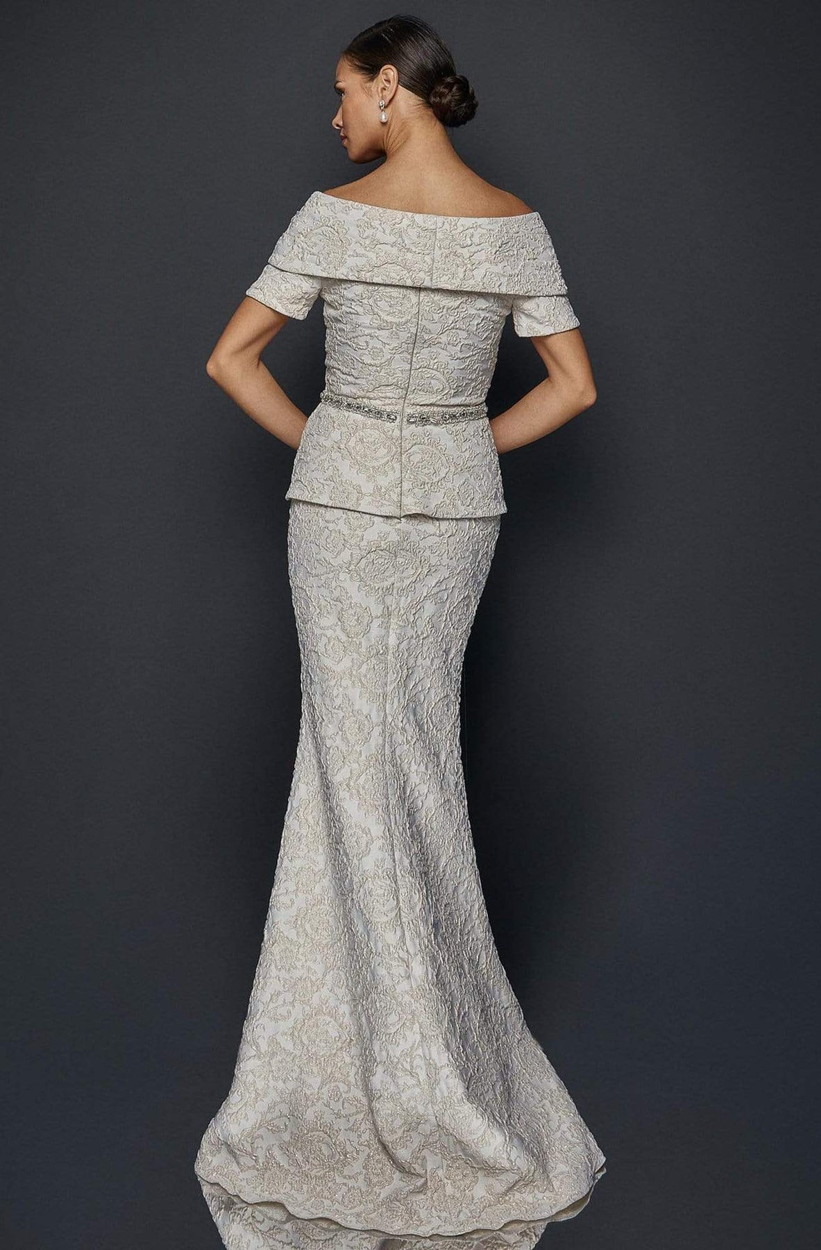 Terani Couture - 1921M0727 Off Shoulder V Neck Beaded Belt Sheath Gown Mother of the Bride Dresses