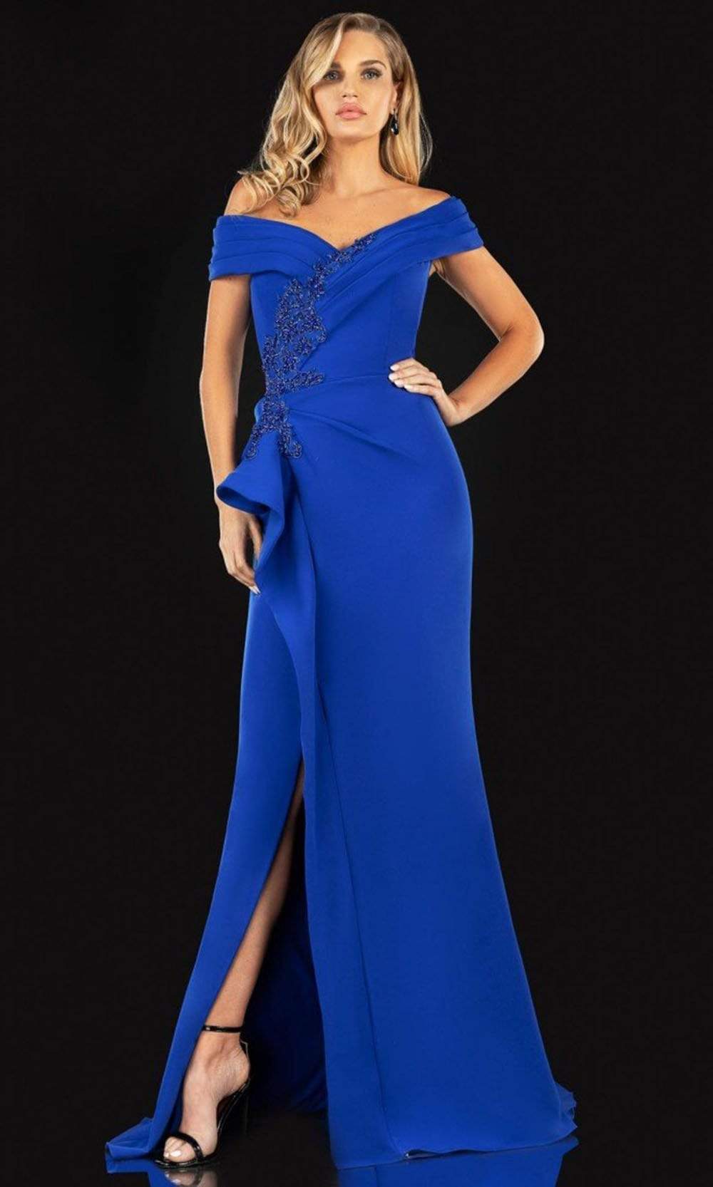 Terani Couture - 2021M2986 Wrap Off Shoulder High Slit Gown Mother of the Bride Dresses 00 / Saphire