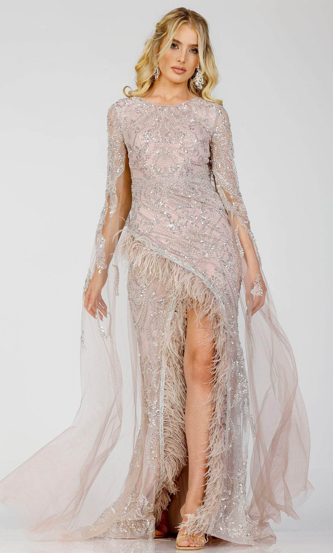 Terani Couture 231E0494 - Beaded Cape Sleeve Evening Gown Special Occasion Dress 00 / Mauve