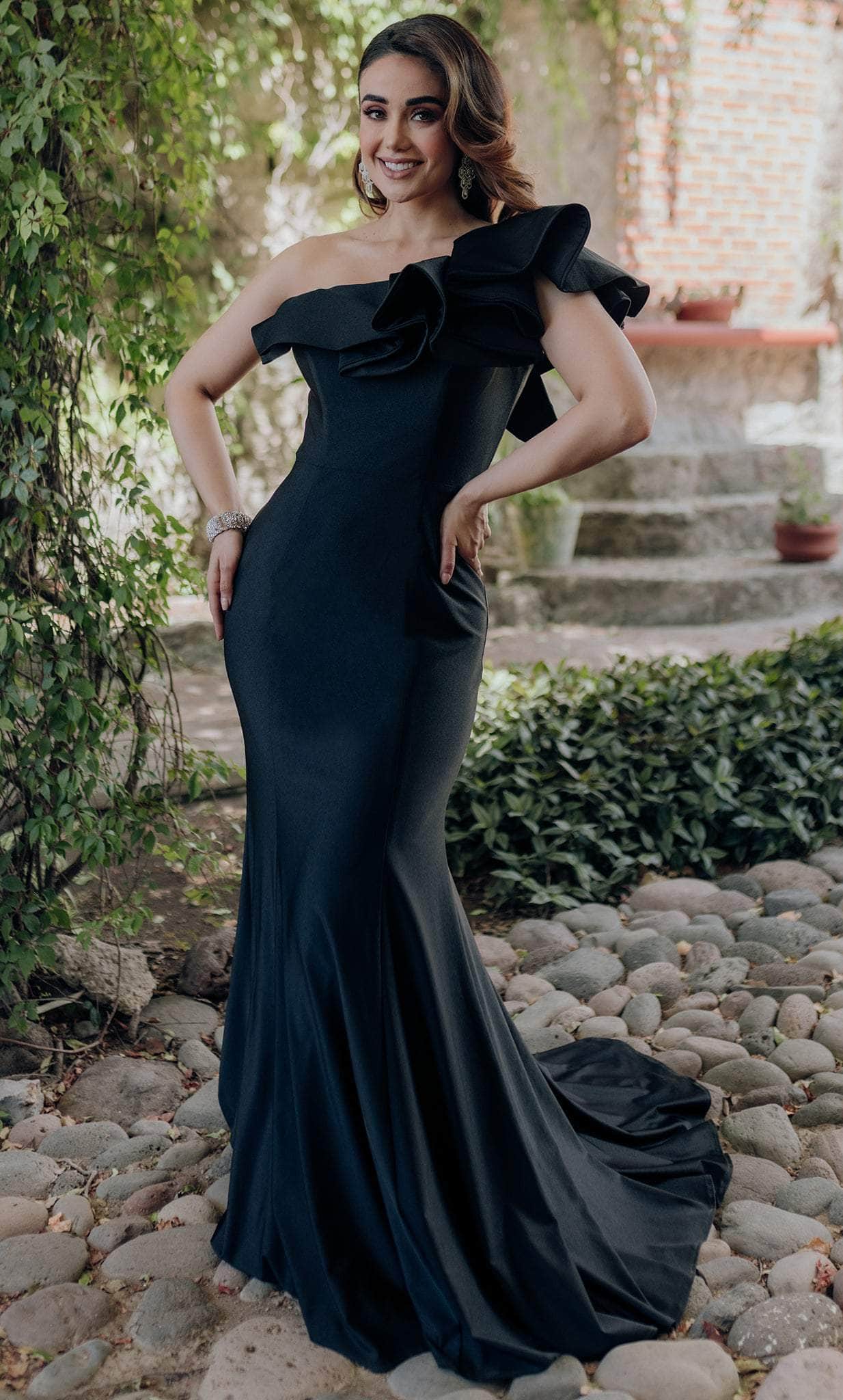 Terani Couture 232E1289 - Long Jessica Jersey Mermaid Dress - One Shoulder,  Ruffles, Mid-Open Back, Side Zipper, Princess Seam, Sweep Train  ADASA