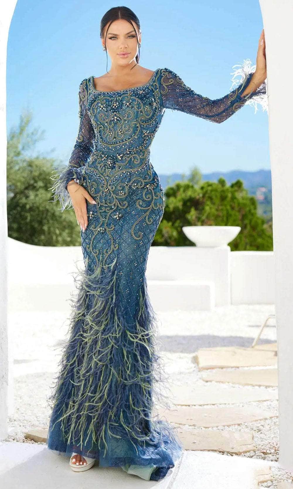 beaded feather dress Golden feather beaded dress with a structured winged collar main image 1
