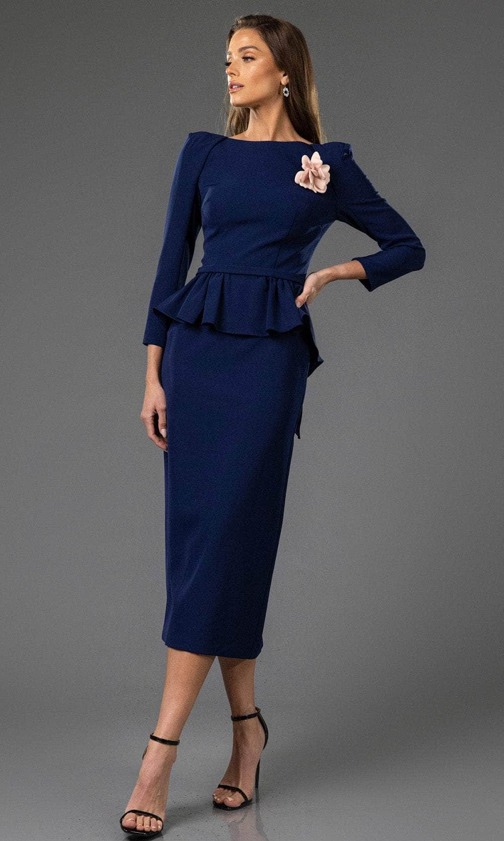 Terani Couture 251C4638 - Tea Length Stretch Satin Sheath Dress - Ruffled Peplum, Fitted Bodice, Long Sleeves, V-Back, Back Leg Slit, Concealed Zipper Closure, 3D Floral Accent ADASA Terani Couture 251C4638 - Tea Length Stretch Satin Sheath Dress - Ruffled Peplum, Fitted Bodice, Long Sleeves, V-Back, Back Leg Slit, Concealed Zipper Closure, 3D Floral Accent ADASA