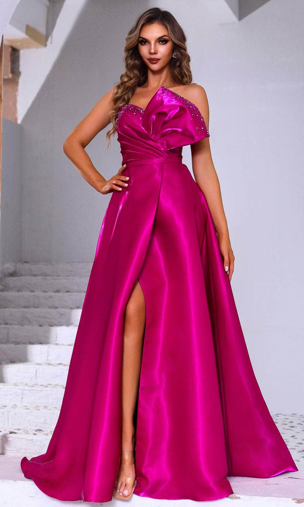 Terani Couture 251E4051 - Long A-Line Dress - Ruched Top, Strapless, Bow Detailed, Beaded, Wrap Skirt, Front Slit, Mid-Open Back, Floor Length ADASA Terani Couture 251E4051 - Long A-Line Dress - Ruched Top, Strapless, Bow Detailed, Beaded, Wrap Skirt, Front Slit, Mid-Open Back, Floor Length ADASA