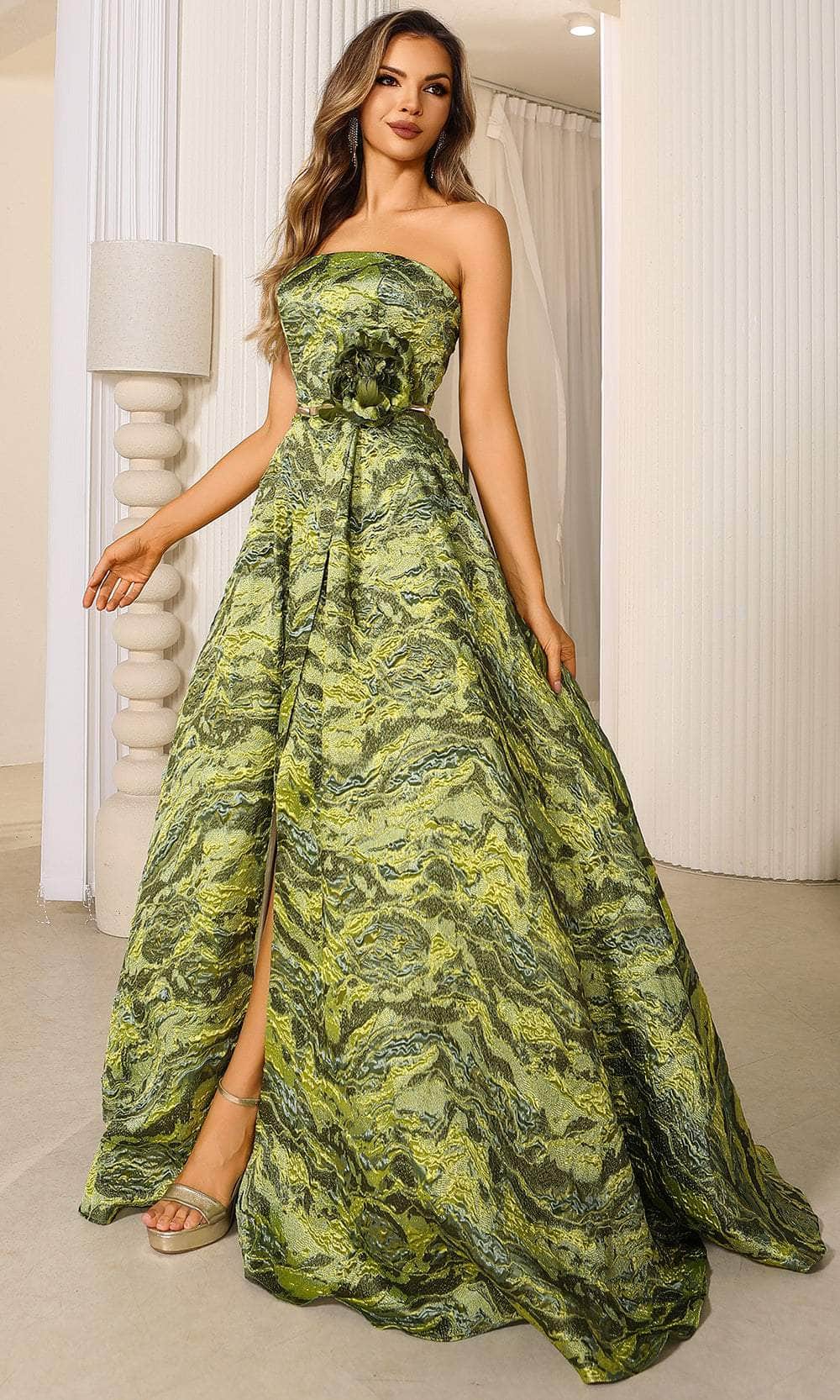 Terani Couture 251E4269 - Long Lava Jacquard Ballgown Dress - Strapless, 3D Floral Applique, Front Slit, Pockets, Mid-Open Back, Sweep Train ADASA Terani Couture 251E4269 - Long Lava Jacquard Ballgown Dress - Strapless, 3D Floral Applique, Front Slit, Pockets, Mid-Open Back, Sweep Train ADASA