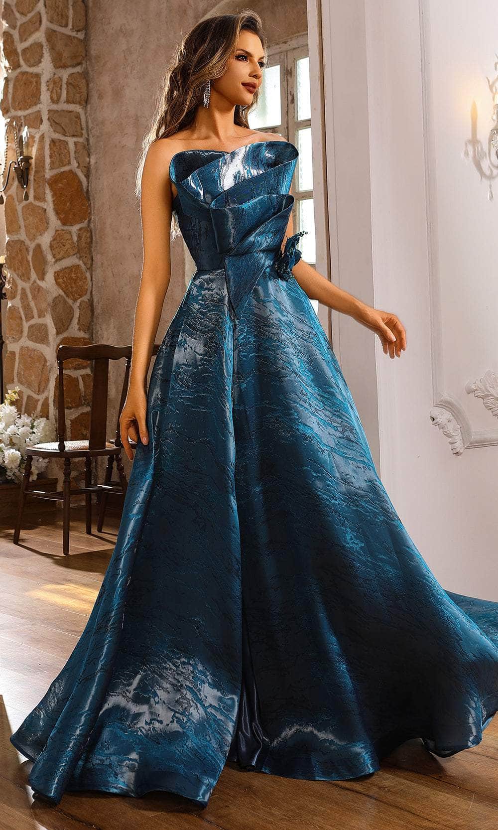 Terani Couture 251E4287 - Long Shimmer Burnout A-Line Dress - Strapless, Pleated Details, Floral Detailed, Seams, Back Zipper Closure, Train ADASA Terani Couture 251E4287 - Long Shimmer Burnout A-Line Dress - Strapless, Pleated Details, Floral Detailed, Seams, Back Zipper Closure, Train ADASA