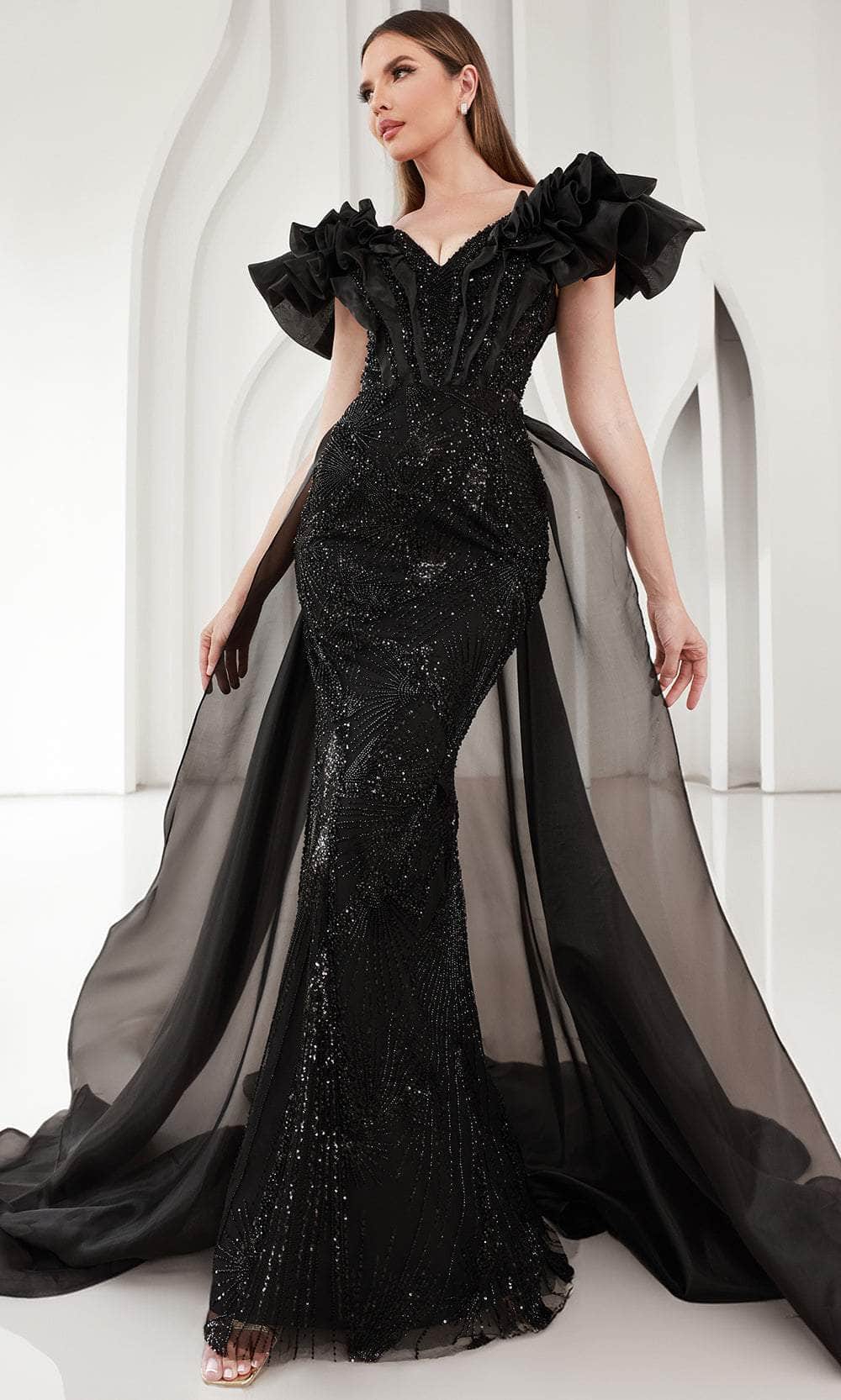 Terani Couture 251GL4357 - Bead Encrusted V-Neck Evening Dress Mother of the Bride Dresses 00 /  Black