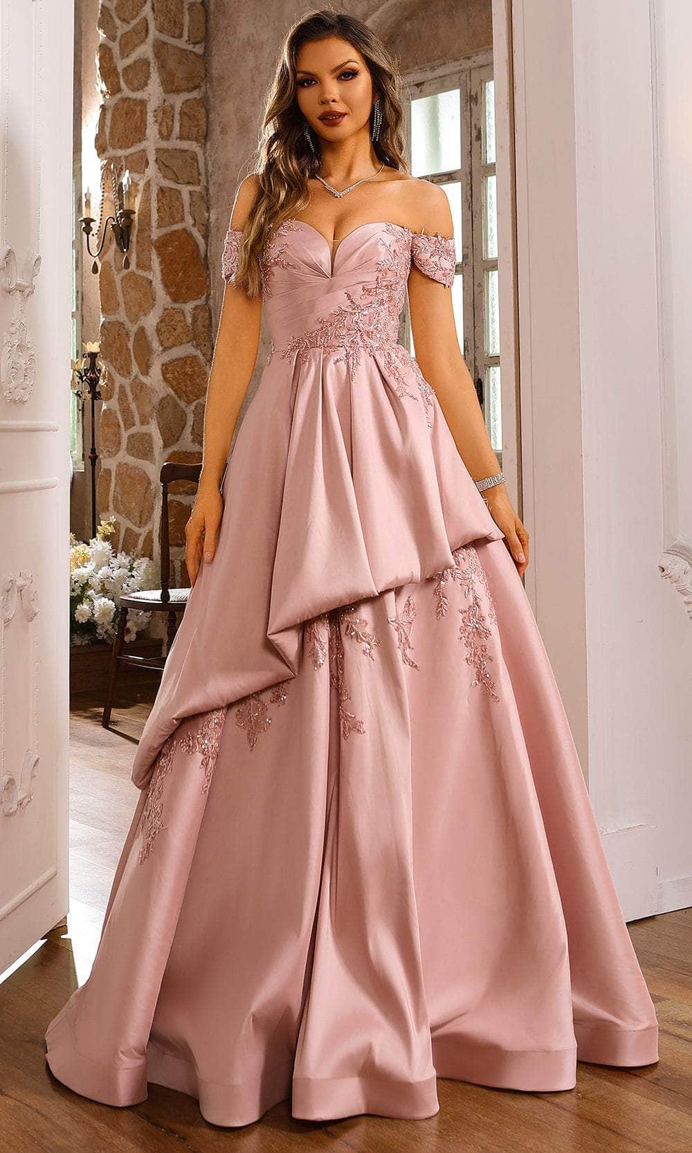 terani couture off the shoulder dress Terani Couture 251M4062 - Long Satin Ballgown Dress