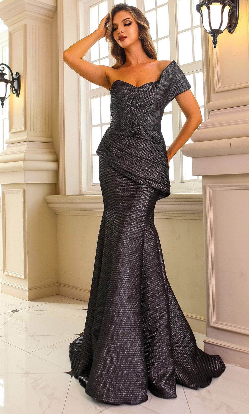Terani Couture 251M4401 - Long Jacquard Trumpet Dress - Short Sleeve, Asymmetrical Peplum, Pleated, Mid-Open Back, Seam-Sculpted, Sweep Train 8 / Terani Couture 251M4401 - Long Jacquard Trumpet Dress - Short Sleeve, Asymmetrical Peplum, Pleated, Mid-Open Back, Seam-Sculpted, Sweep Train 8 /