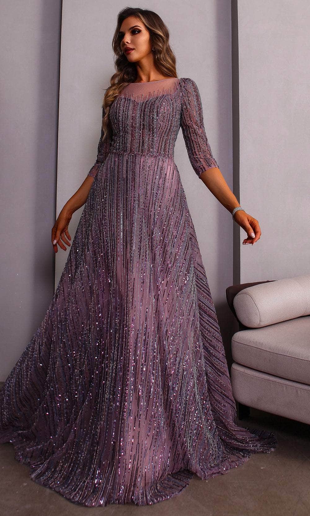 Terani Couture 251M4409 - Long Tulle Ballgown Dress - Quarter Sleeves, Illusion, Hook, Back Zipper Closure, Train ADASA Terani Couture 251M4409 - Long Tulle Ballgown Dress - Quarter Sleeves, Illusion, Hook, Back Zipper Closure, Train ADASA