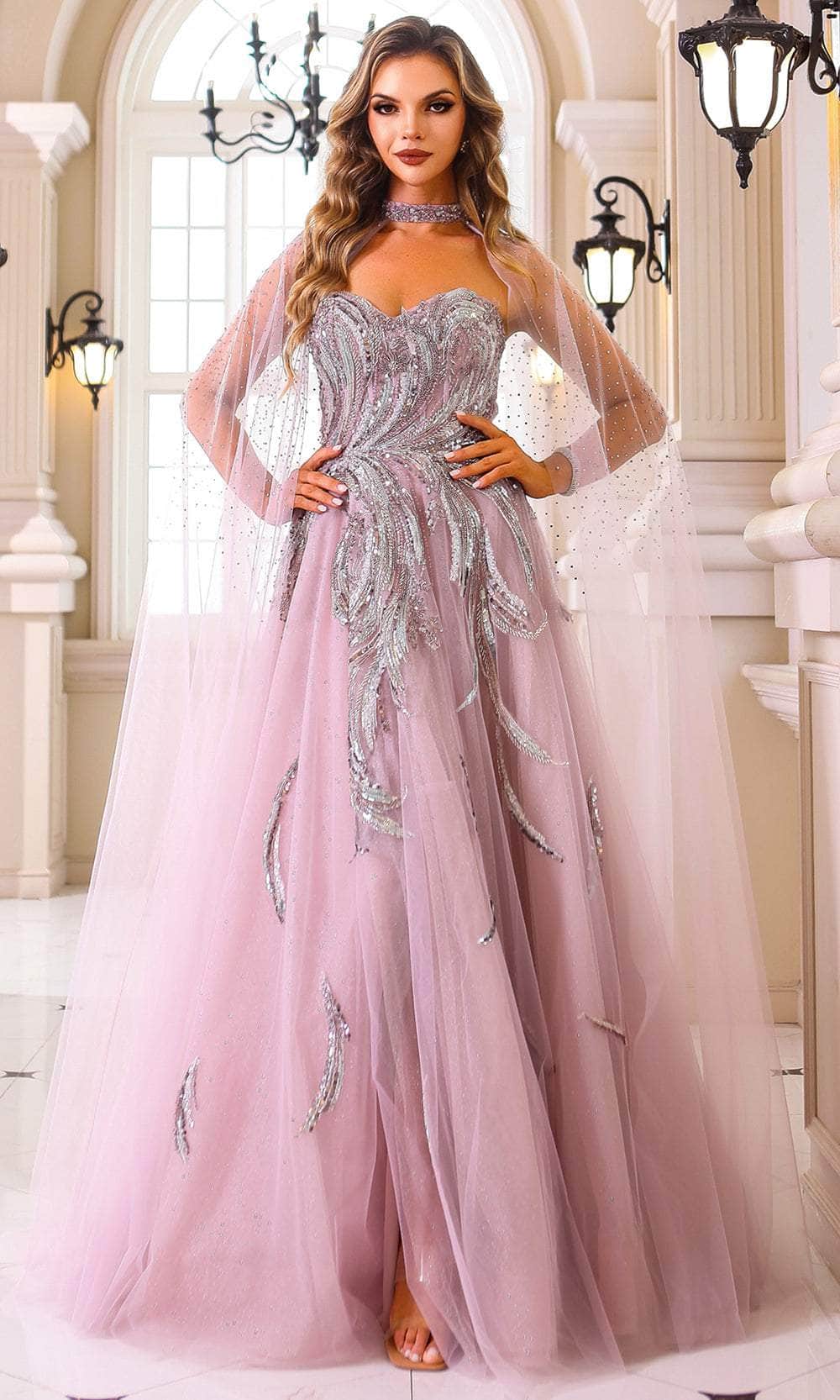 Terani Couture 251M4410 - Long Tulle Ballgown Dress - Beaded, Lace Applique, Strapless, Mid-Open Back, Sweep Train, Detachable Sheer Cape ADASA Terani Couture 251M4410 - Long Tulle Ballgown Dress - Beaded, Lace Applique, Strapless, Mid-Open Back, Sweep Train, Detachable Sheer Cape ADASA