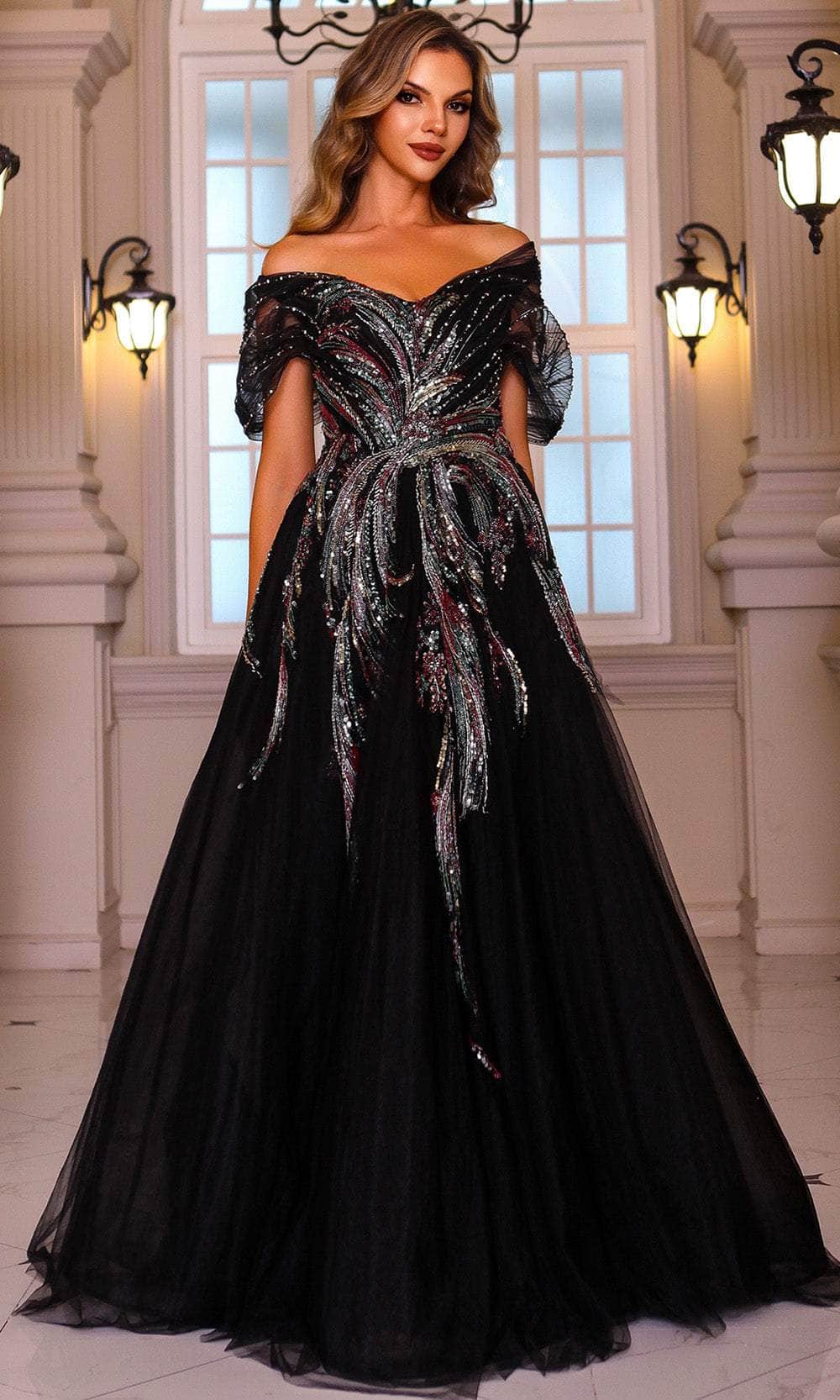 Terani Couture 251M4411 - Long Tulle Ballgown Dress - Short Sleeves, Hook, Back Zipper Closure, Train ADASA Terani Couture 251M4411 - Long Tulle Ballgown Dress - Short Sleeves, Hook, Back Zipper Closure, Train ADASA