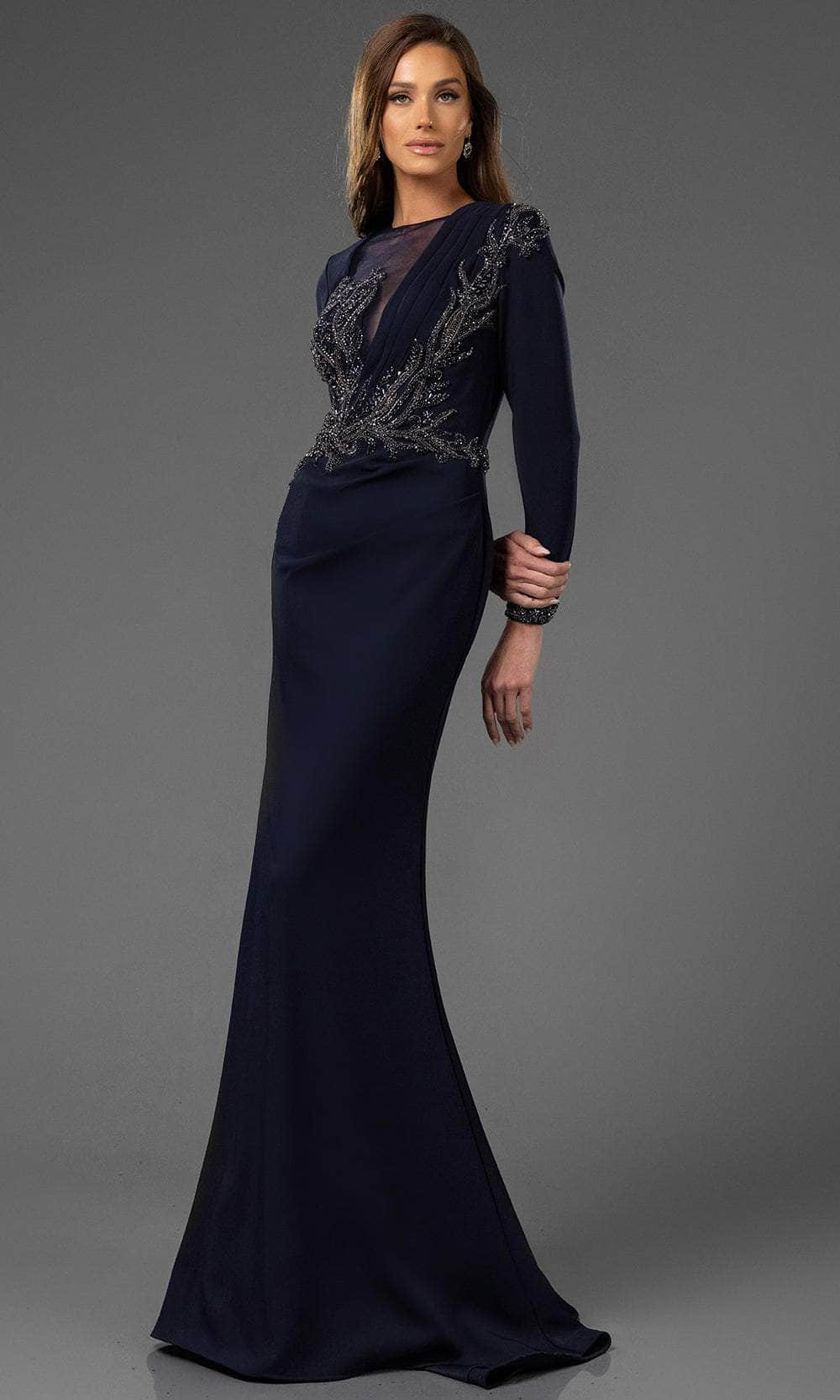 Terani Couture 251M4422 - Long Sleeve Fitted Evening Gown Mother of the Bride Dresses 00 /  Navy