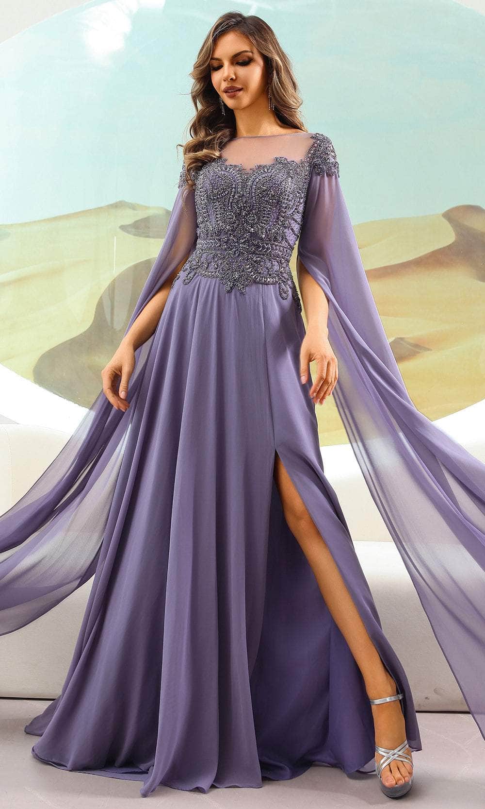 Terani Couture 251M4463 - Cape Sleeve A-Line Evening Gown Mother of the Bride Dresses 00 /  Blueberry