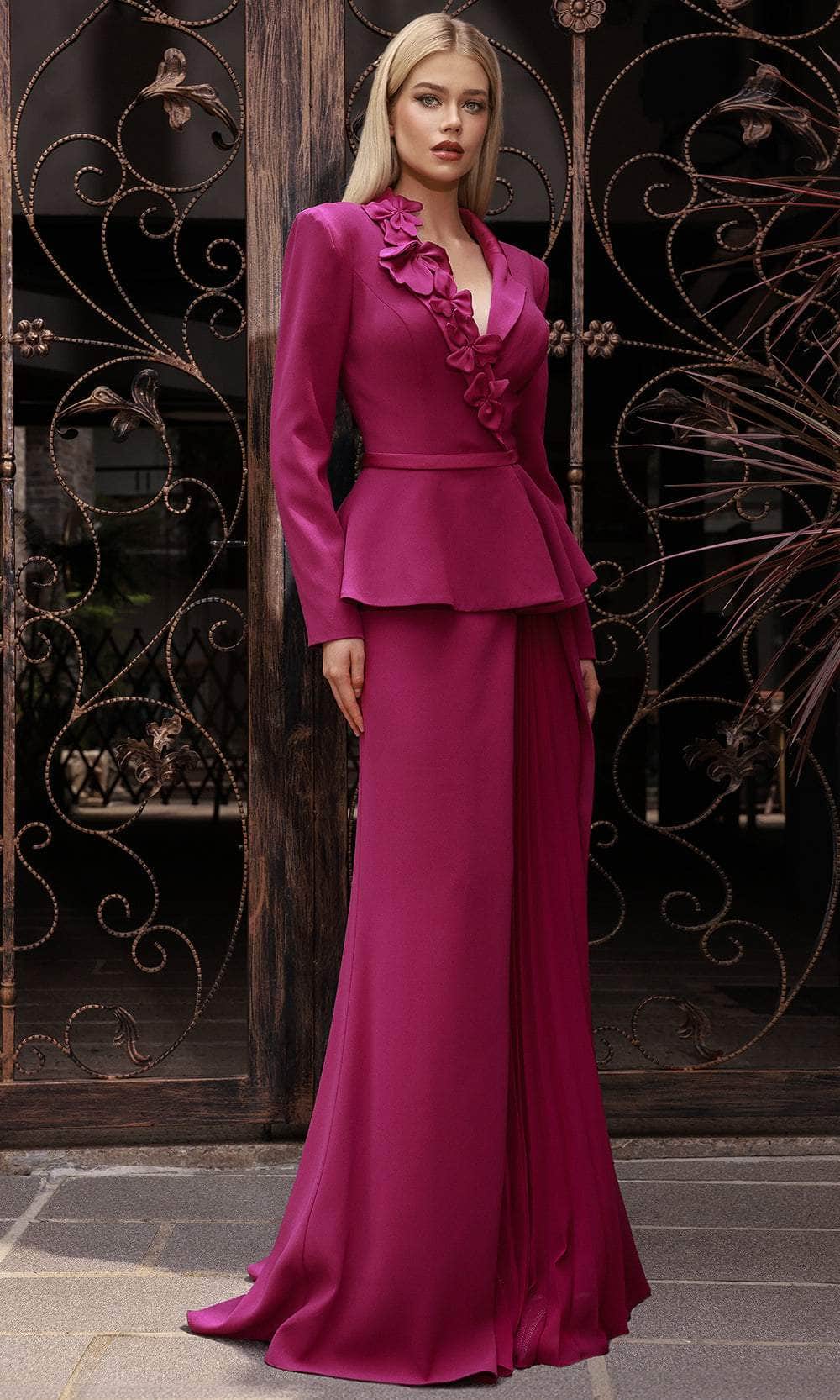 Terani Couture 251M4572 - V-Neck Peplum Evening Gown Mother of the Bride Dresses 00 /  Grape