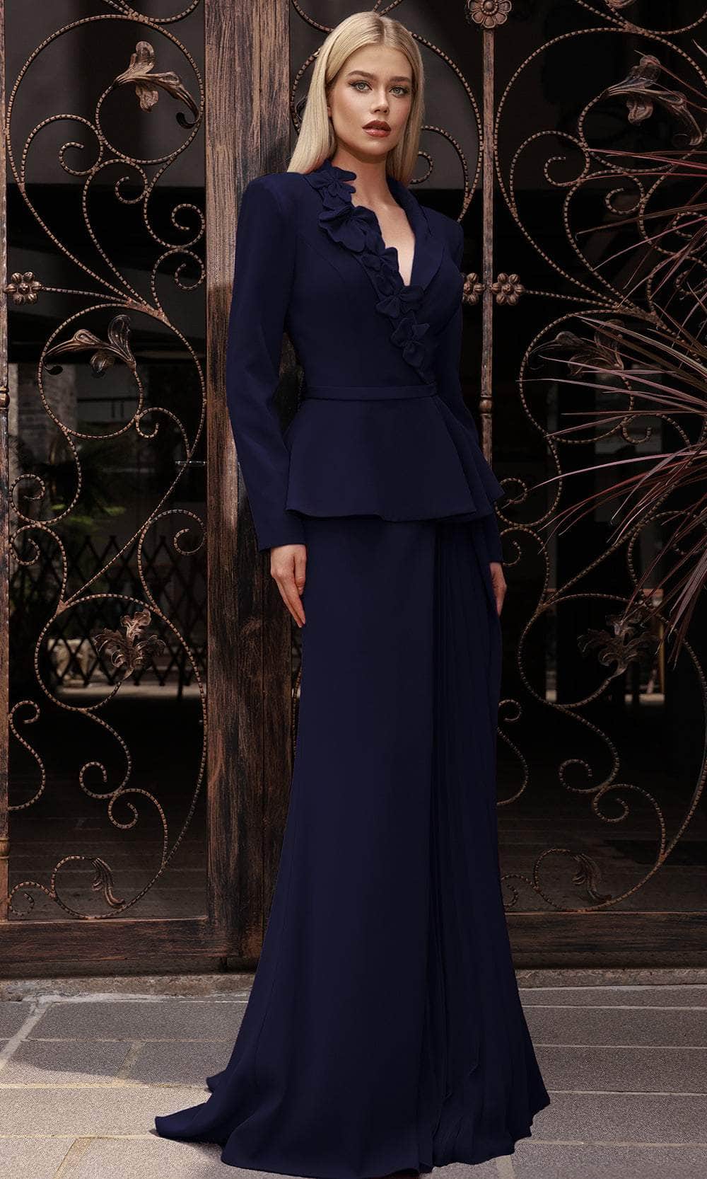 Terani Couture 251M4572 - V-Neck Peplum Evening Gown Mother of the Bride Dresses 00 /  Navy