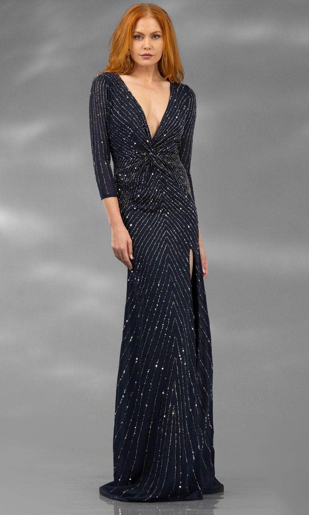 Terani Couture 251M4614 - Sequin Embellished Sheath Evening Gown Mother of the Bride Dresses 00 / Navy