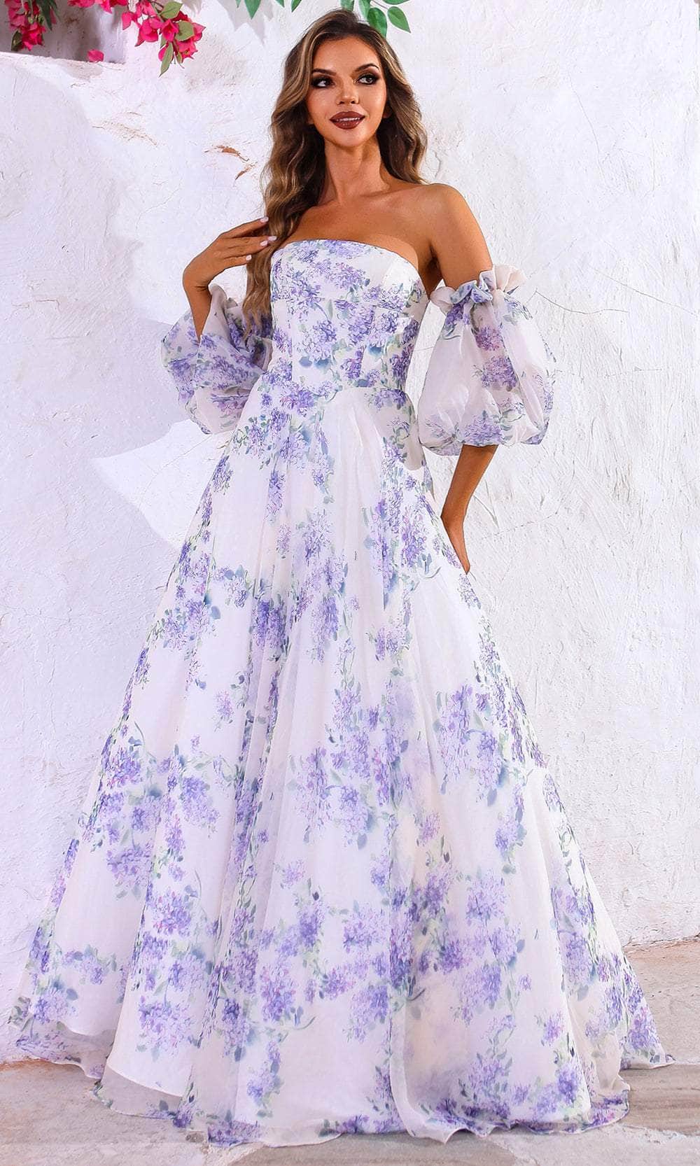 Terani Couture 251p4141 Print Chiffon Puff Sleeves A Line Prom Dress