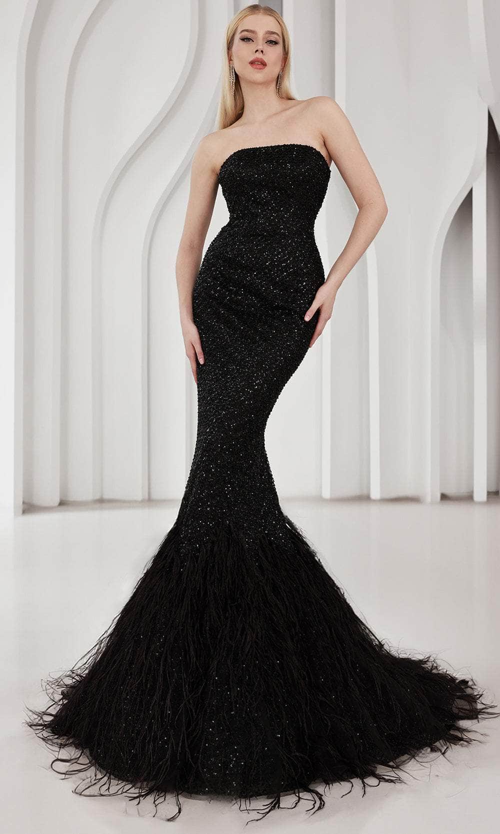 Terani Couture 251P4303 - Long Tulle Mermaid Dress - Strapless, Beaded, Feathered Hem, Shawl, Mid-Open Back, Floor Length ADASA Terani Couture 251P4303 - Long Tulle Mermaid Dress - Strapless, Beaded, Feathered Hem, Shawl, Mid-Open Back, Floor Length ADASA