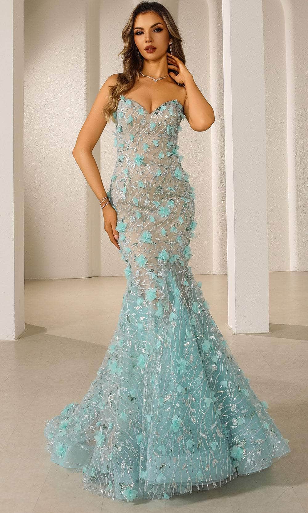 Terani Couture 251P4379 - Long Tulle Trumpet Dress - Strapless, Fitted Bodice, Embellished, Back Zipper Closure, Train ADASA Terani Couture 251P4379 - Long Tulle Trumpet Dress - Strapless, Fitted Bodice, Embellished, Back Zipper Closure, Train ADASA