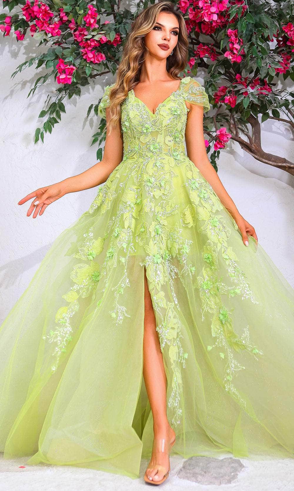 Terani Couture 251P4533 - Long Organza Ballgown Dress - Cap Sleeves,  V-Back, Concealed Zipper, Train, Slit  ADASA