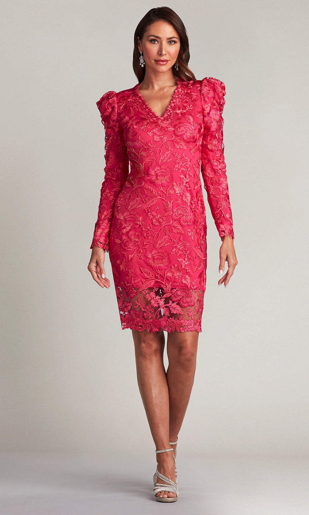 Tadashi Shoji BRX22416M - Short Sheath Dress - Floral Embroidered, Mesh Overlay, Puff Shoulder Sleeves, Full Back, Scalloped Hem ADASA Tadashi Shoji BRX22416M - Short Sheath Dress - Floral Embroidered, Mesh Overlay, Puff Shoulder Sleeves, Full Back, Scalloped Hem ADASA