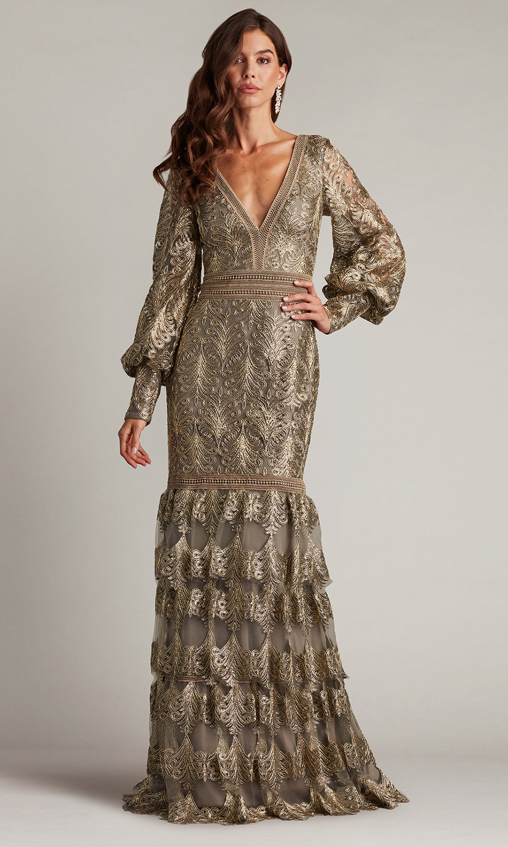 Tadashi Shoji CGA24268L - V-Neck Aponi Tiered Sequin Embroidered Gown Tadashi Shoji CGA24268L - V-Neck Aponi Tiered Sequin Embroidered Gown