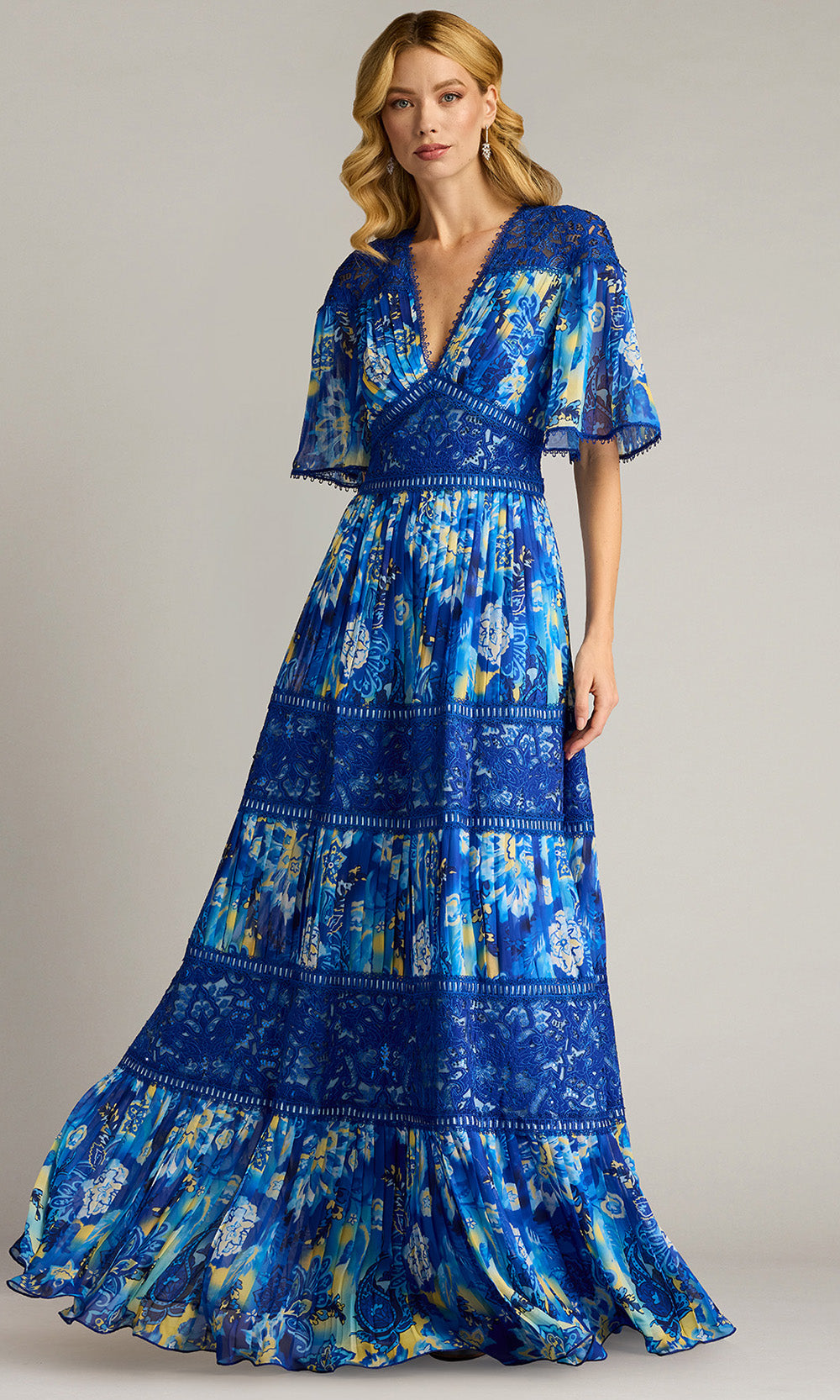 Tadashi Shoji CHQ25199L - Flutter Sleeve Cyra Floral Pleated Chiffon Gown Formal Gowns