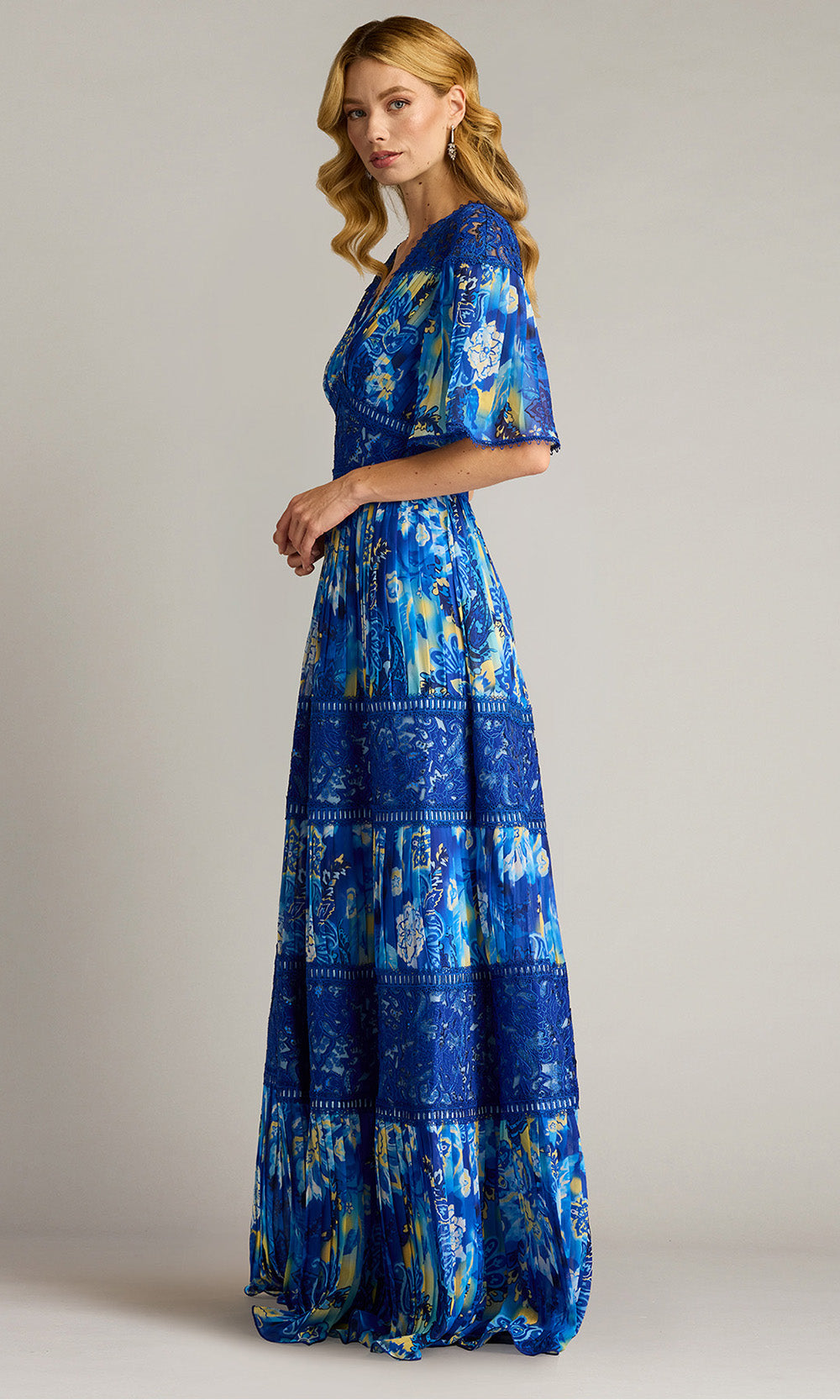 Tadashi Shoji CHQ25199L - Flutter Sleeve Cyra Floral Pleated Chiffon Gown Formal Gowns