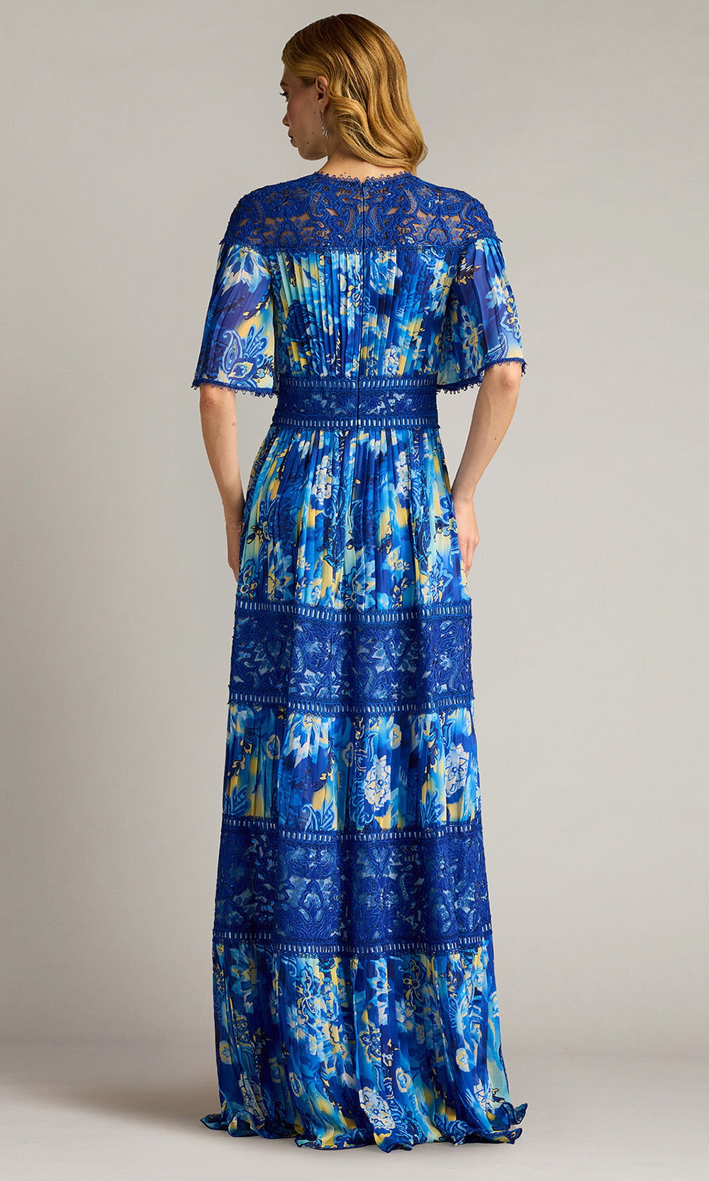 Tadashi Shoji CHQ25199L - Flutter Sleeve Cyra Floral Pleated Chiffon Gown Formal Gowns